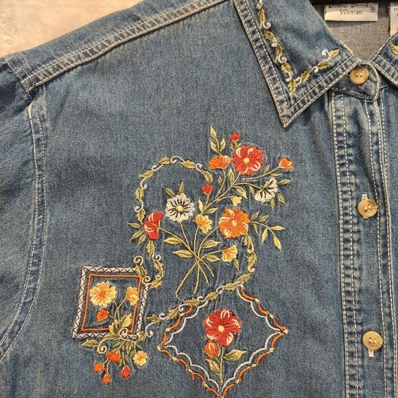 Bobbie Brooks blouse 14w Vintage Embroidered Flowers Garden Button Shirt Retro c - Picture 4 of 15